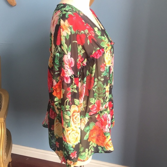 ASOS black floral 3/4 sleeves layered V neck see through top size 14 - Picture 6 of 12